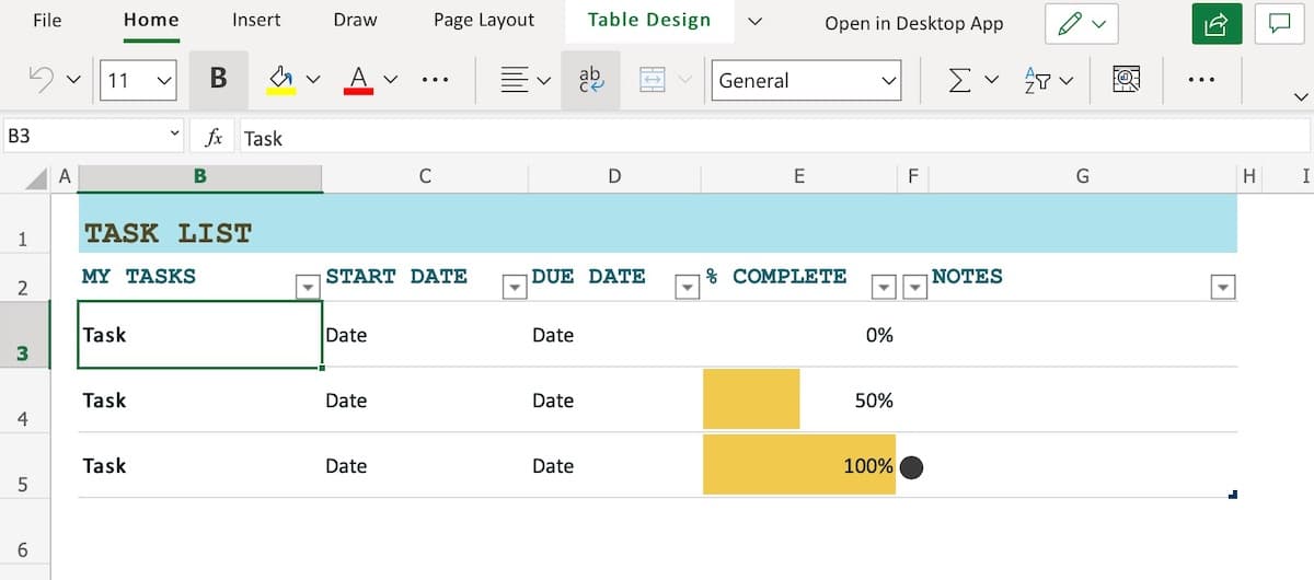 Excel task list