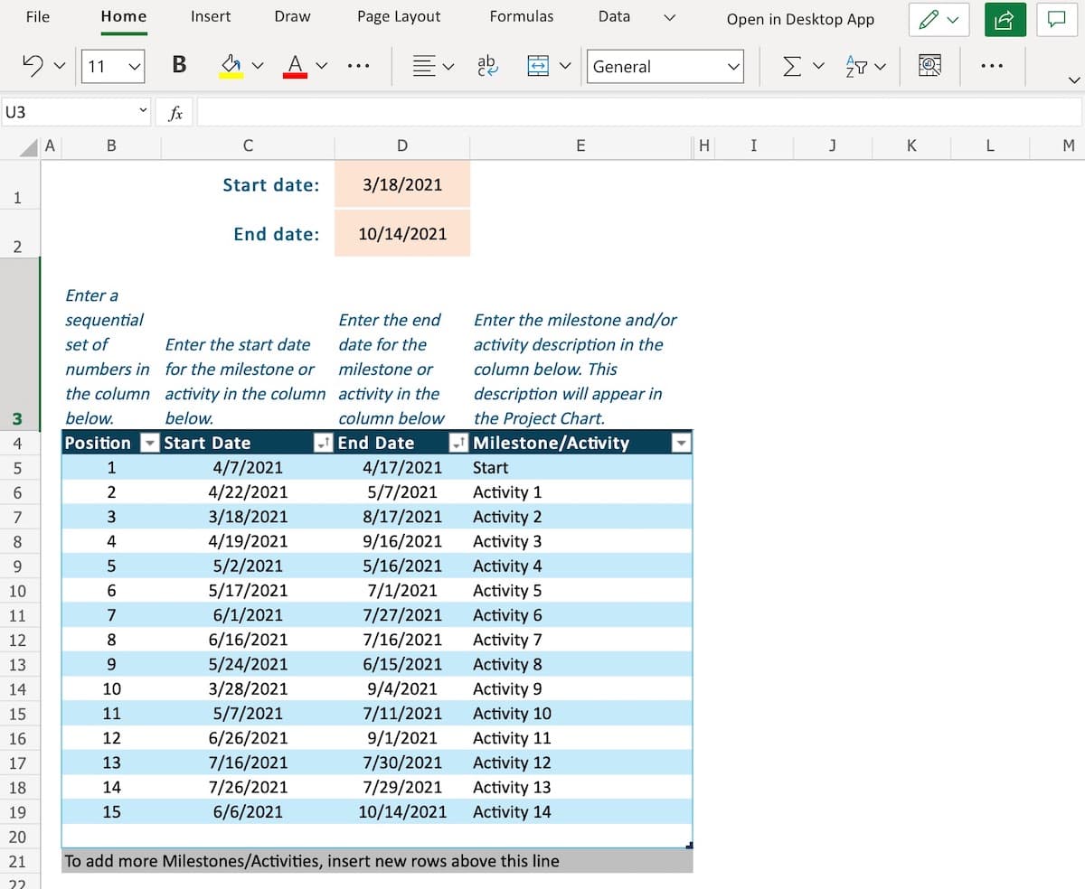 Excel timeline task list