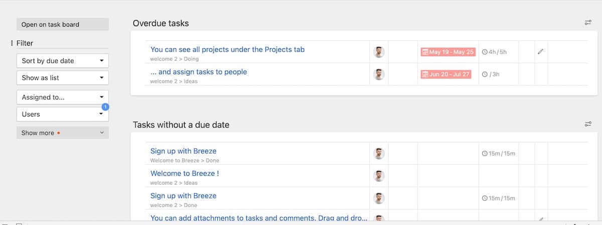 Tasks page